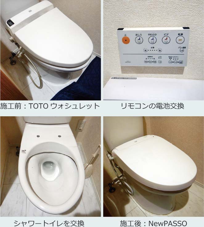 施工前：TOTOウォシュレット→リモコンの電池交換→シャワートイレを交換→施工後：シャワートイレNewPASSO→施工完了