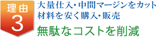 大量仕入・中間マージンをカット材料を安く購入・販売 無駄なコストを削減