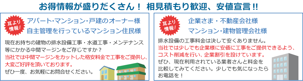 お得情報が盛りだくさん‼　相見積り歓迎、安値宣言‼ アパート・マンション・戸建てのオーナーさま 自主管理を行っているマンション住民さま 現在お持ちの建物の排水設備工事・水道工事・メンテナンス等にかかる中間マージンをご存じですか？当社では中間マージンをカットした格安料金で工事をご提供し、大変ご好評を頂いております。ぜひ一度、お気軽にお問い合せください。 企業さま・不動産会社さま マンション・建物管理会社さま 排水設備の工事料金は決して安くありません。当社では少しでも企業様に安価に工事をご提供できるよう、コスト削減を行い、企業割引を設けております。ぜひ、現在利用されている業者さんと料金を比較してみてください。少しでも気になったらお電話を！