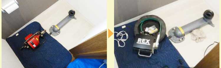 壁に穴を開けて新しい排水管を取り付け