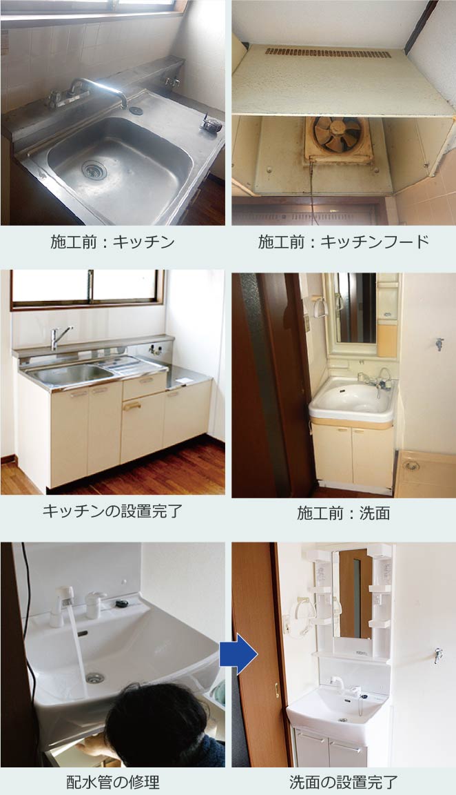 新しいキッチンの設置完了 新しい洗面台の設置完了