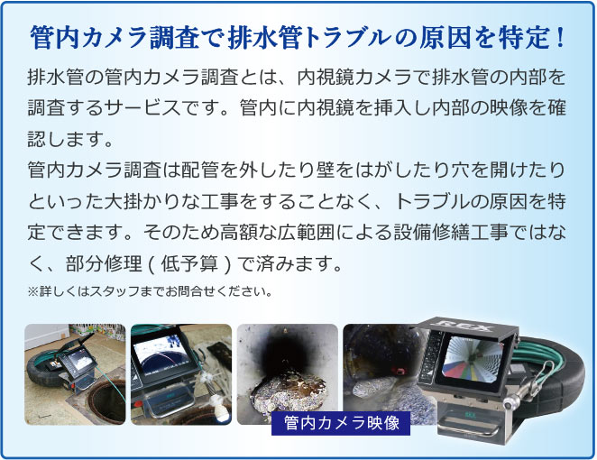 排水管の管内カメラ調査とは、内視鏡カメラで排水管の内部を調査するサービスです。管内に内視鏡を挿入し内部の映像を確認します。管内カメラ調査は配管を外したり壁をはがしたり穴を開けたりといった大掛かりな工事をすることなく、トラブルの原因を特定できます。そのため高額な広範囲による設備修繕工事ではなく、部分修理(低予算)で済みます。※詳しくはスタッフまでお問合せください。