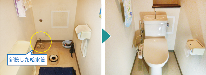 トイレ内背面に点検口を開口、給水・給湯管を洗 面、洗濯、台所に分岐させる