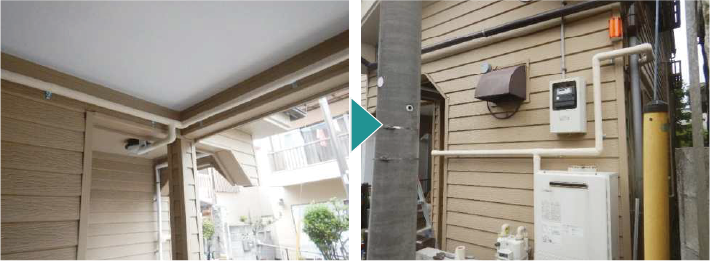 屋外の露出配管の工事例-ガレージ配管工事