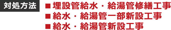対処方法:埋設管給水・給湯管修繕工事、給水・給湯管一部新設工事、給水・給湯管新設工事
