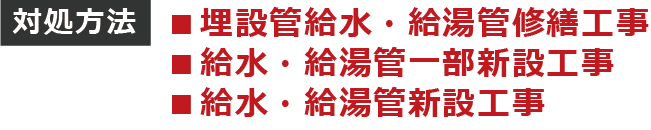 対処方法:埋設管給水・給湯管修繕工事、給水・給湯管一部新設工事、給水・給湯管新設工事