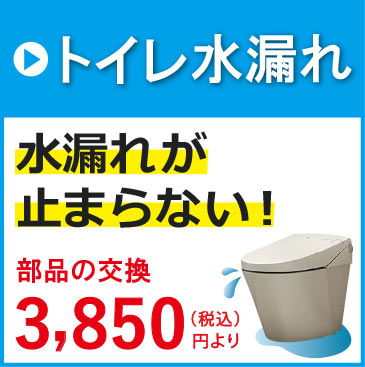 トイレの水漏れでお困りの方はご連絡ください。トイレの水漏れが止まらない時はお電話を。部品の交換は3,850円（税込）より