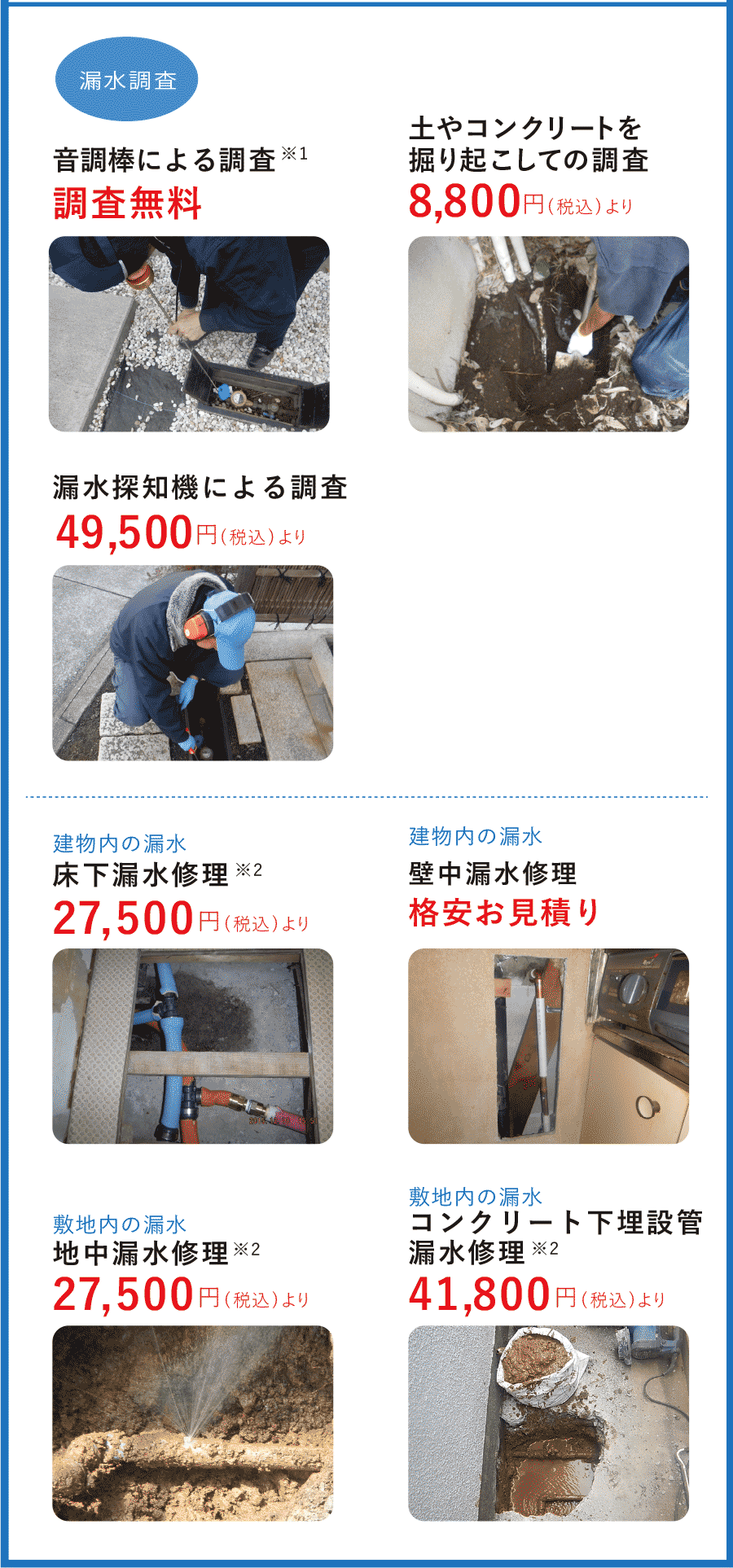 音調棒による調査 調査無料 建物内の漏水 床下漏水修理8800円(税込)より 土やコンクリートを掘り起こしての調査8800円(税込)より 漏水探知機による調査49500円(税込)より 床下漏水修理8800円(税込)より 壁中漏水修理 格安お見積り 敷地内の漏水 地中漏水修理27500円(税込)より コンクリート下埋設管漏水修理41800円(税込)より